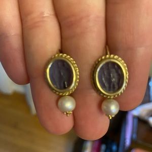 Gold, pearl, and blue smoked glass earrings